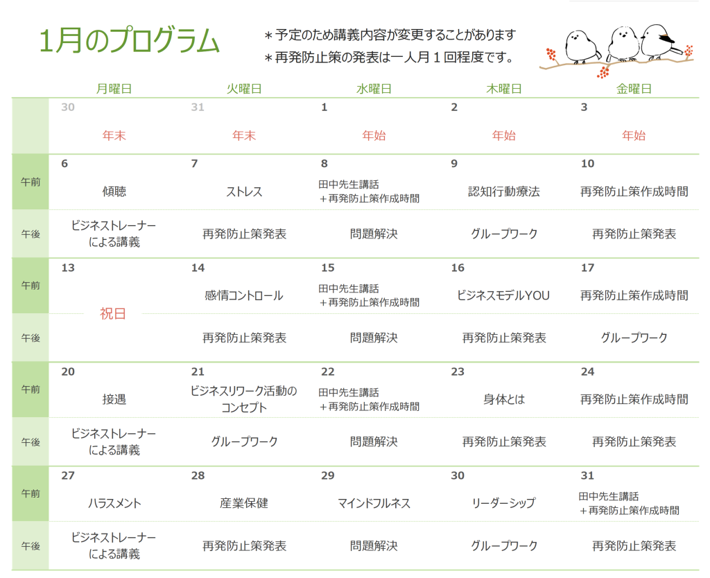 ベスリのリワーク2025年1月のプログラム